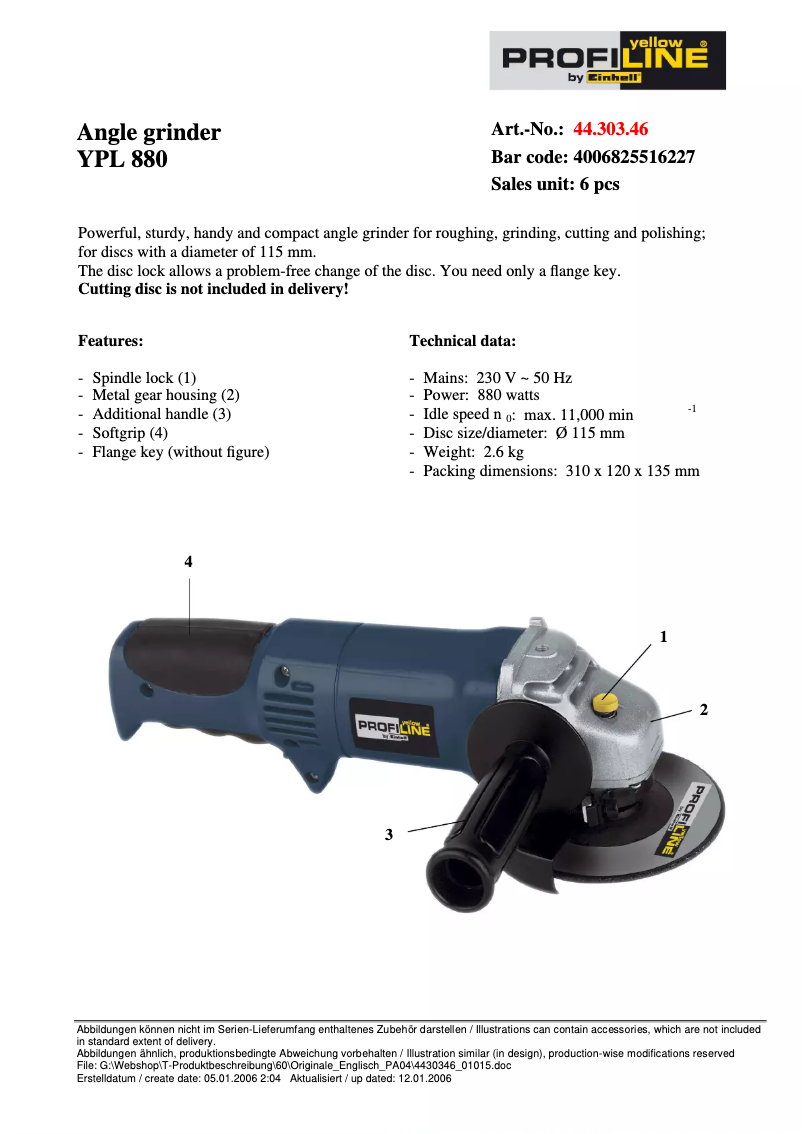 Page 1 de la notice Manuel utilisateur Einhell YPL 880