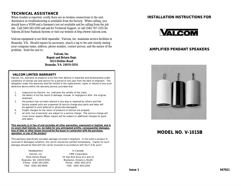 Image de la première page du manuel de l'appareil Pendant Speaker V-1015B