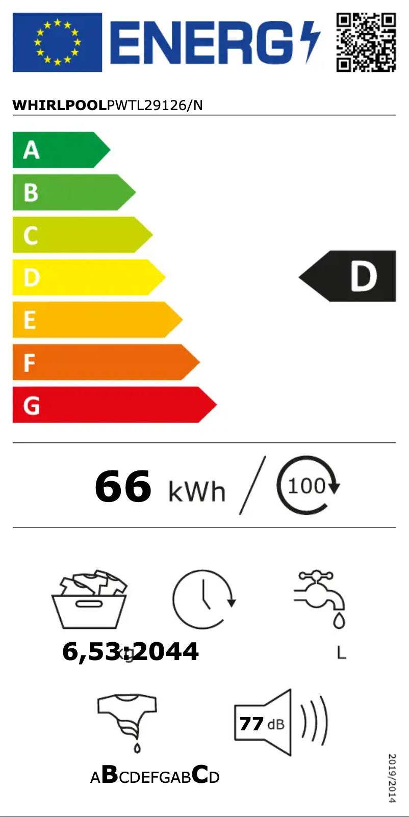 Page n°1 - Label énergétique Whirlpool PWTL29126/N