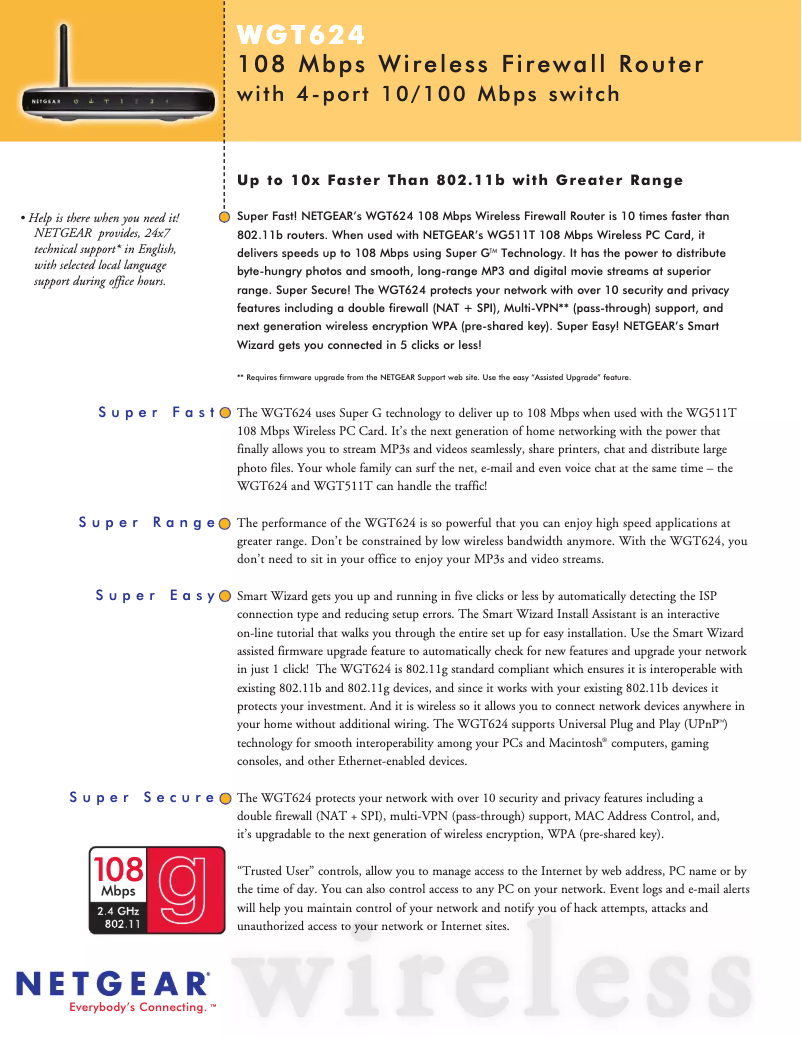 Page 1 de la notice Fiche technique Netgear WGT624