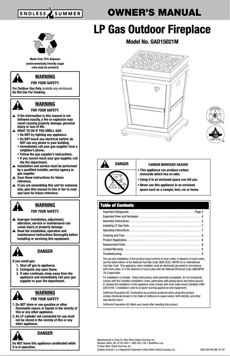 Page 1 de la notice Manuel utilisateur Blue Rhino GAD15021M
