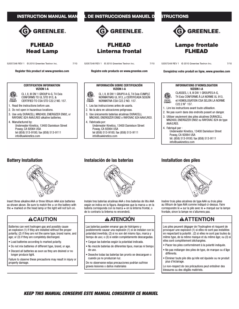 Page 1 de la notice Manuel utilisateur Greenlee FLHEAD