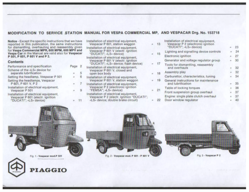 Page 1 de la notice Manuel utilisateur Vespa Vespacar P 601 V