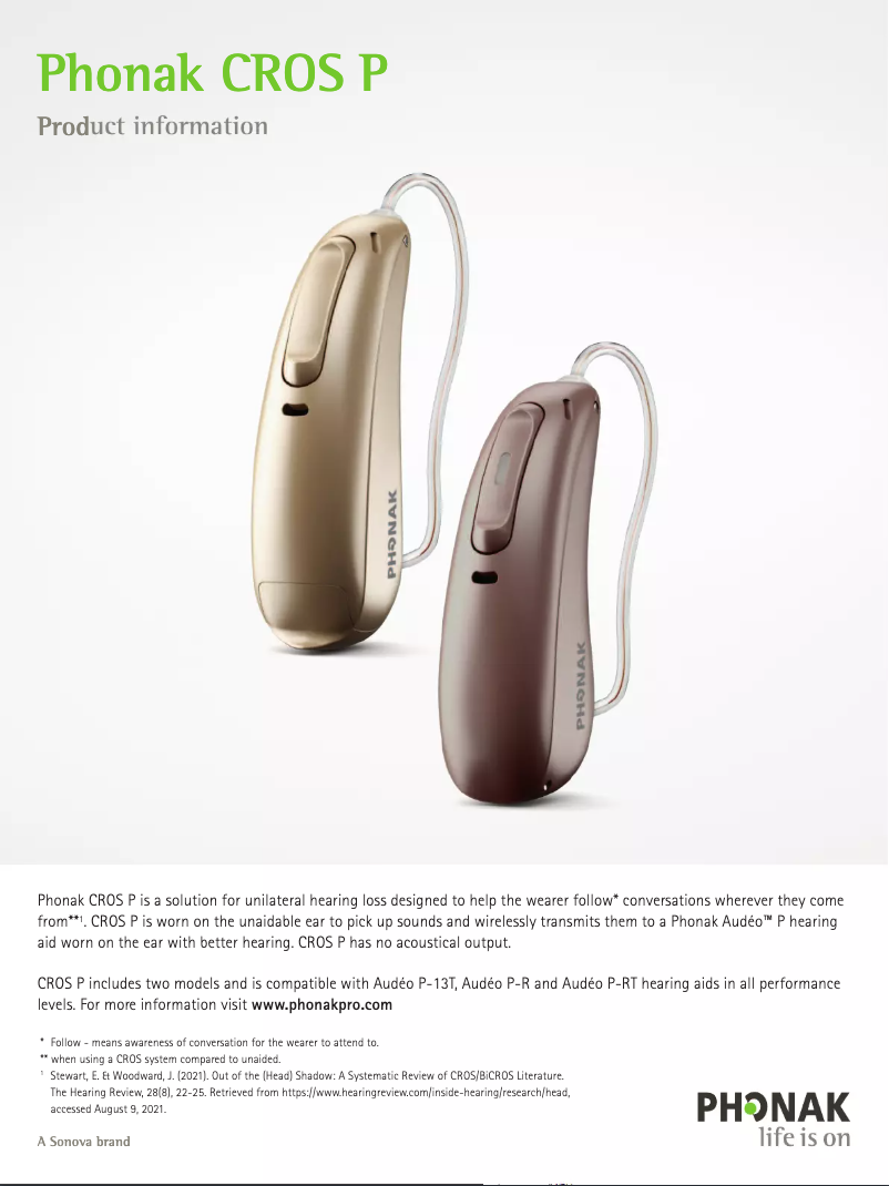 Page 1 de la notice Fiche technique Phonak CROS Paradise