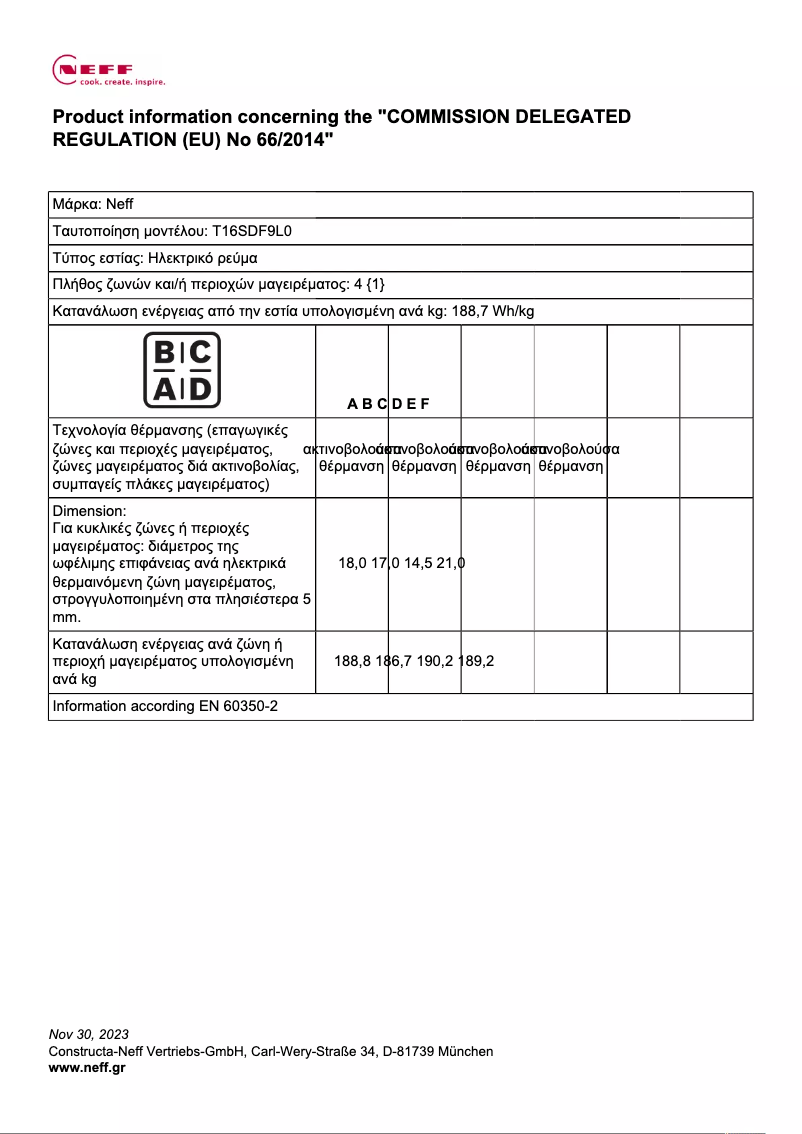 Page n°1 - Fiche technique Neff T16SDF9L0