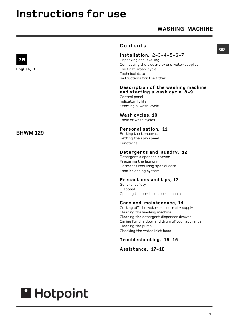 First page image of the manual for BHWM129