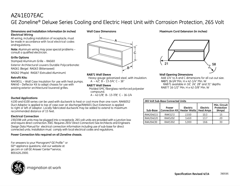 Page n°1 - Fiche technique GE AZ41E07EAC Zoneline