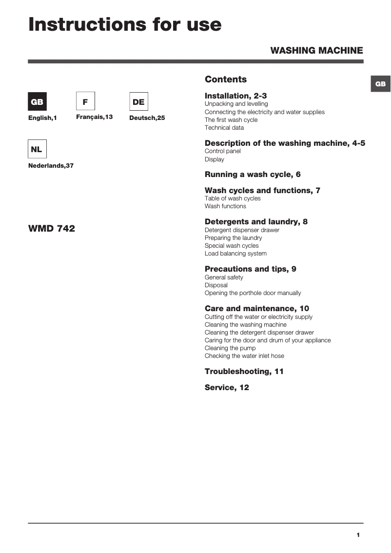Page n°1 - Manuel utilisateur Hotpoint Maxi WMD 742