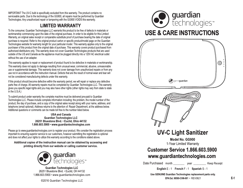 Page n°1 - Manuel utilisateur GermGuardian GG900