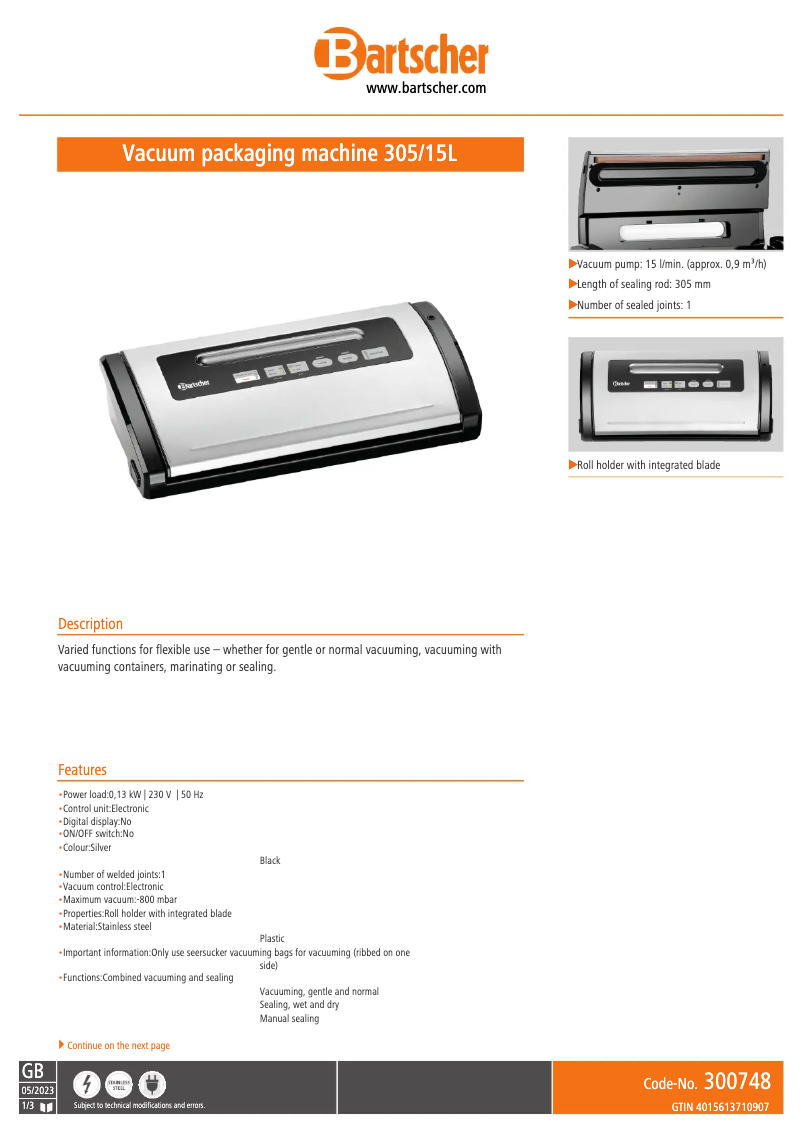 Page 1 de la notice Fiche technique Bartscher 300748