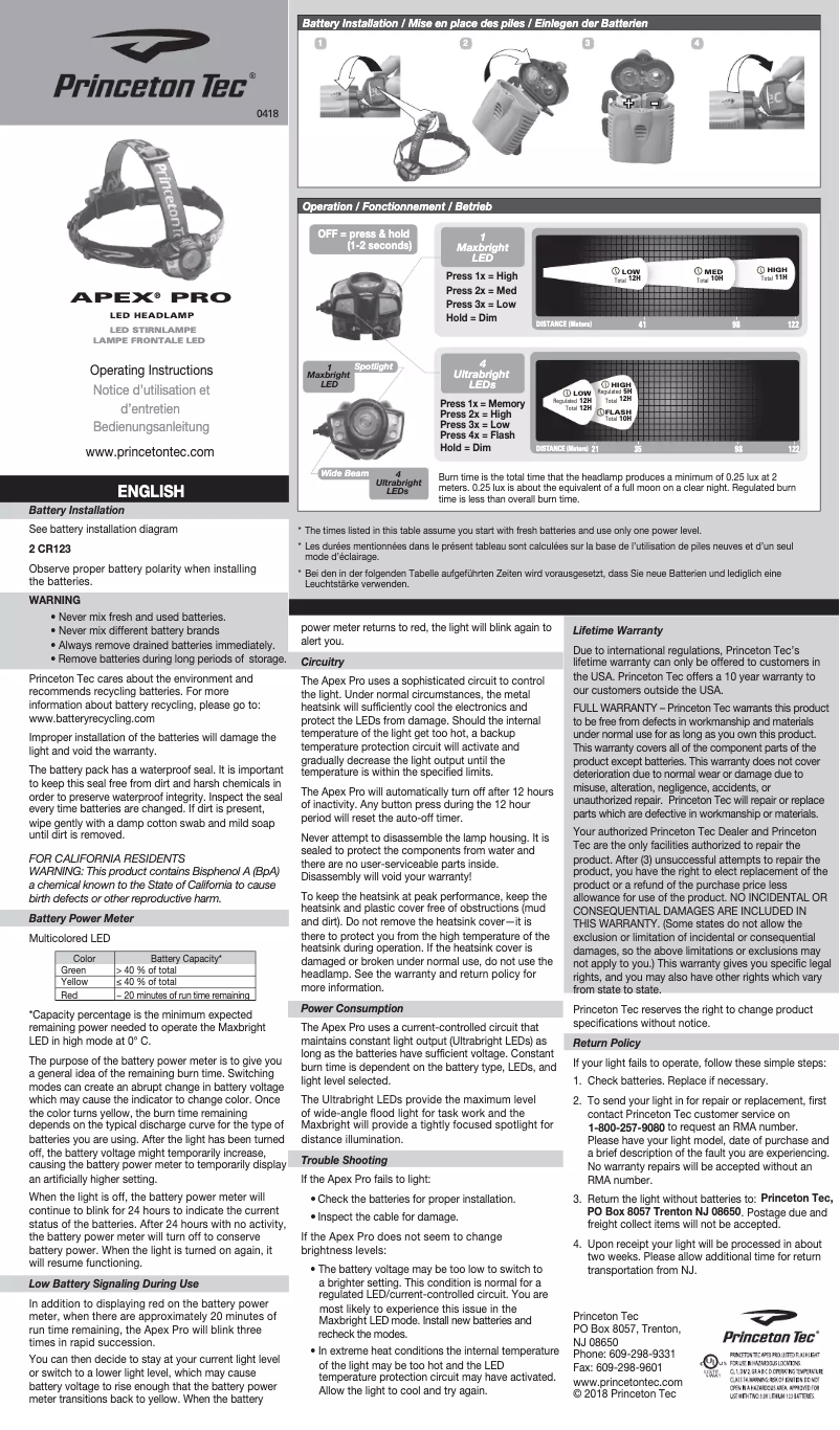 Image de la première page du manuel de l'appareil Apex Pro