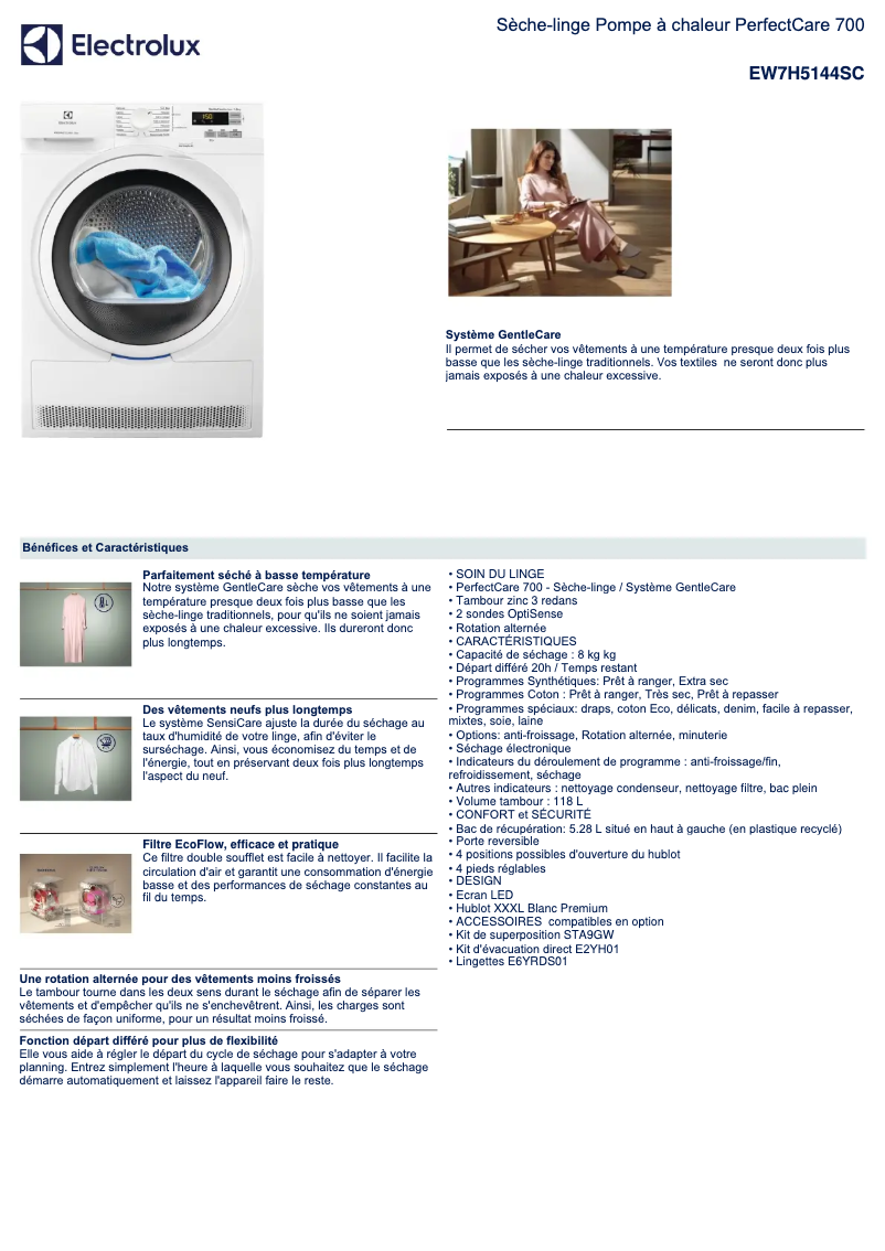 Page 1 de la notice Fiche technique Electrolux EW7H5144SC
