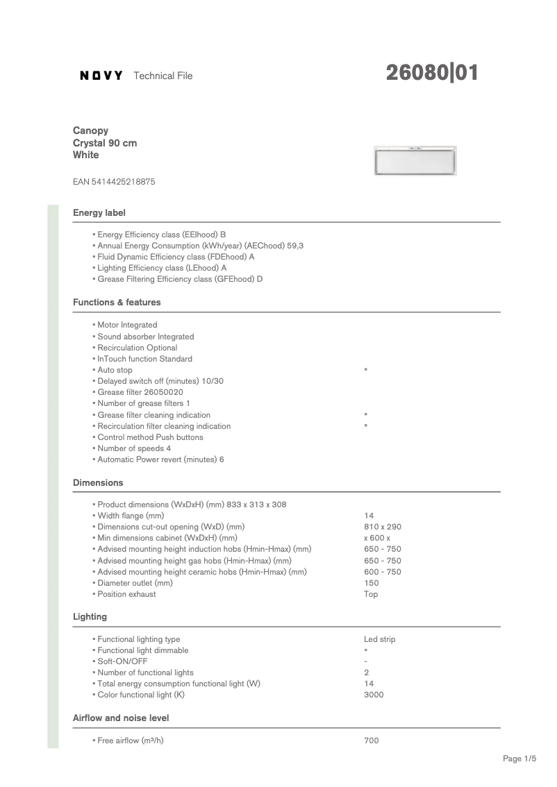 Page 1 de la notice Fiche technique Novy Crystal 26080