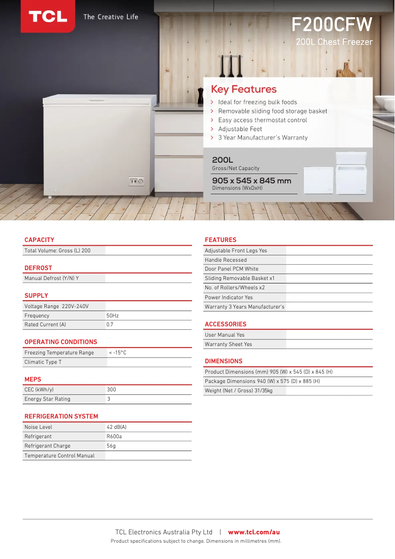 Page 1 de la notice Fiche technique TCL F200CFW