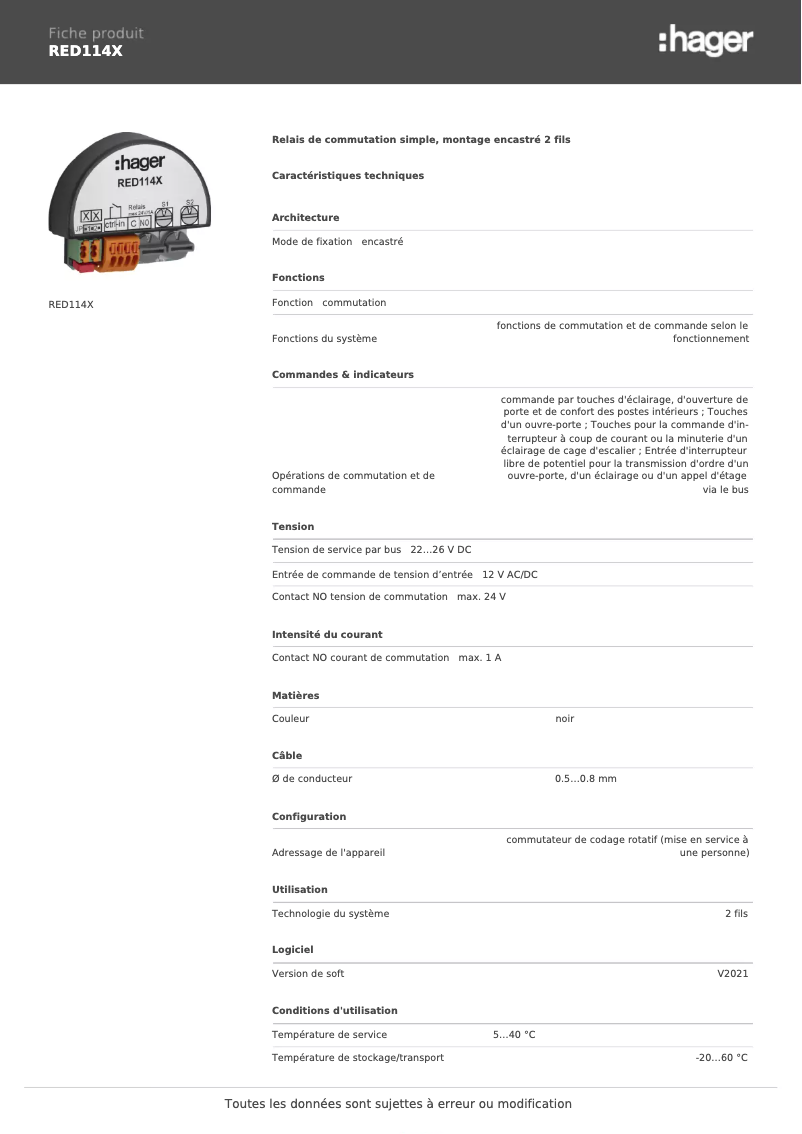 Page n°1 - Fiche technique Hager RED114X