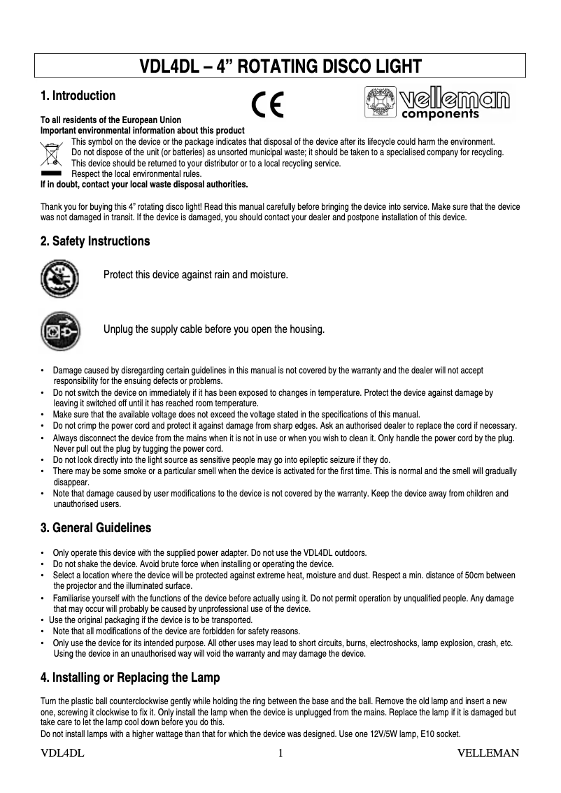 Page n°1 - Manuel utilisateur Velleman vdl4dl