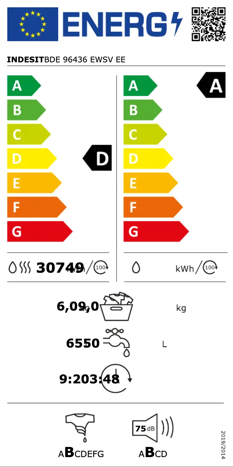 Page n°1 - Label énergétique Indesit BDE 96436 EWSV EE
