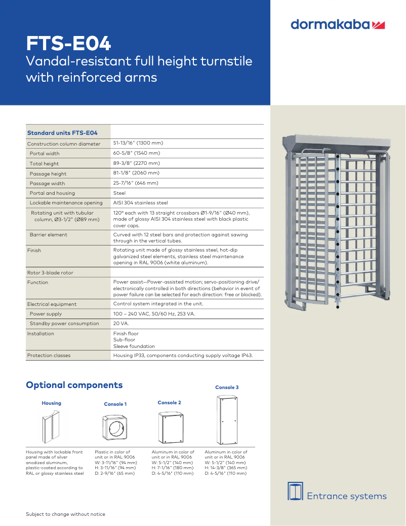 Page 1 de la notice Manuel utilisateur Dormakaba FTS-E04
