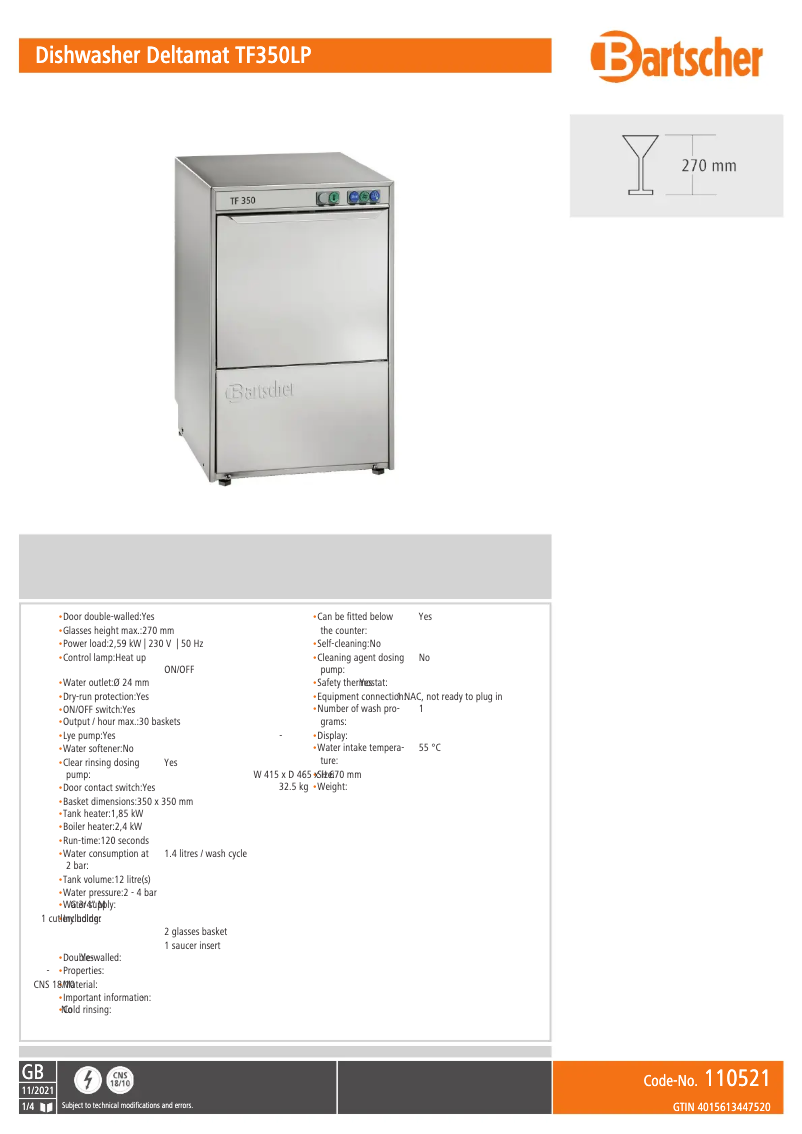 Page 1 of the manual Technical Sheet Bartscher Deltamat TF 350 LP