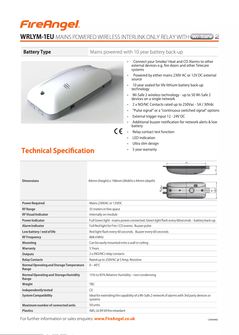 Page 1 de la notice Fiche technique FireAngel WRLYM-1EU