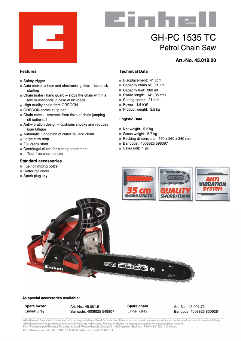 Page 1 de la notice Fiche technique Einhell GH-PC 1535 TC