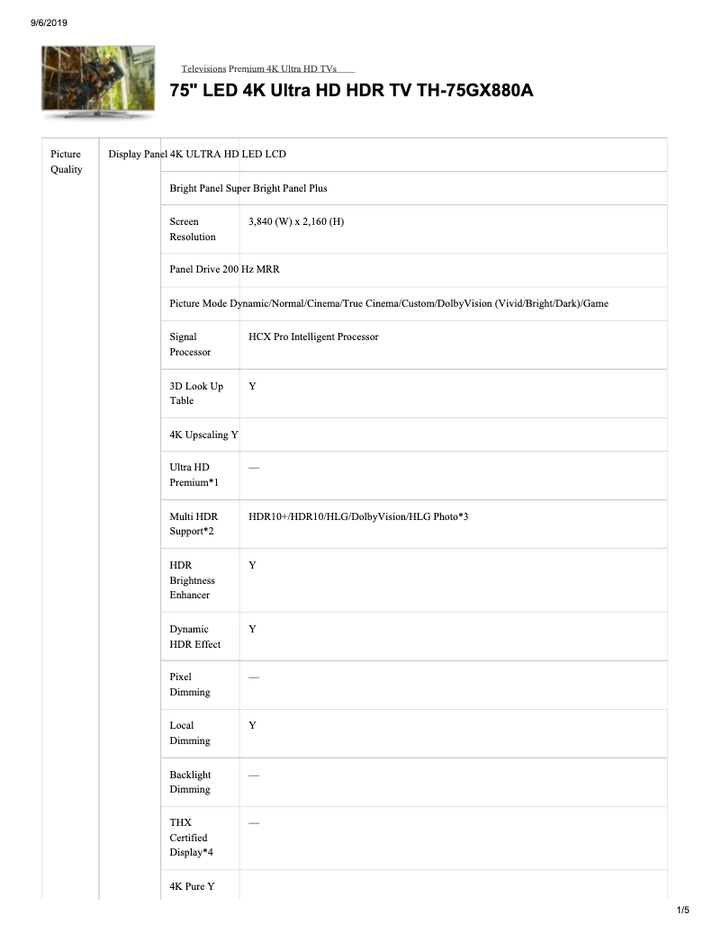 Page 1 de la notice Fiche technique Panasonic TH-75GX880A