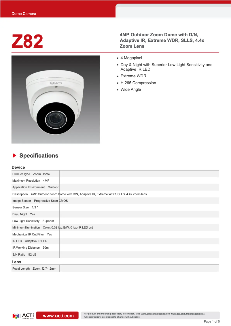 Page 1 de la notice Fiche technique ACTi Z82