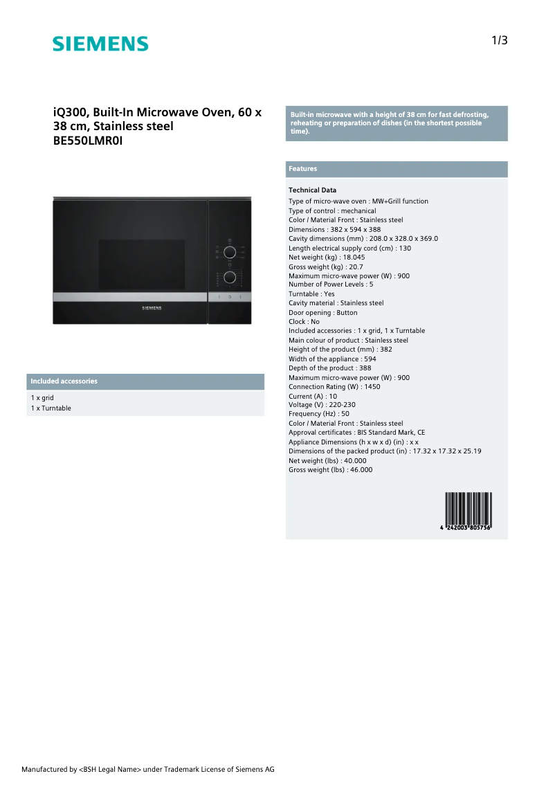 Page n°1 - Fiche technique Siemens BE550LMR0I