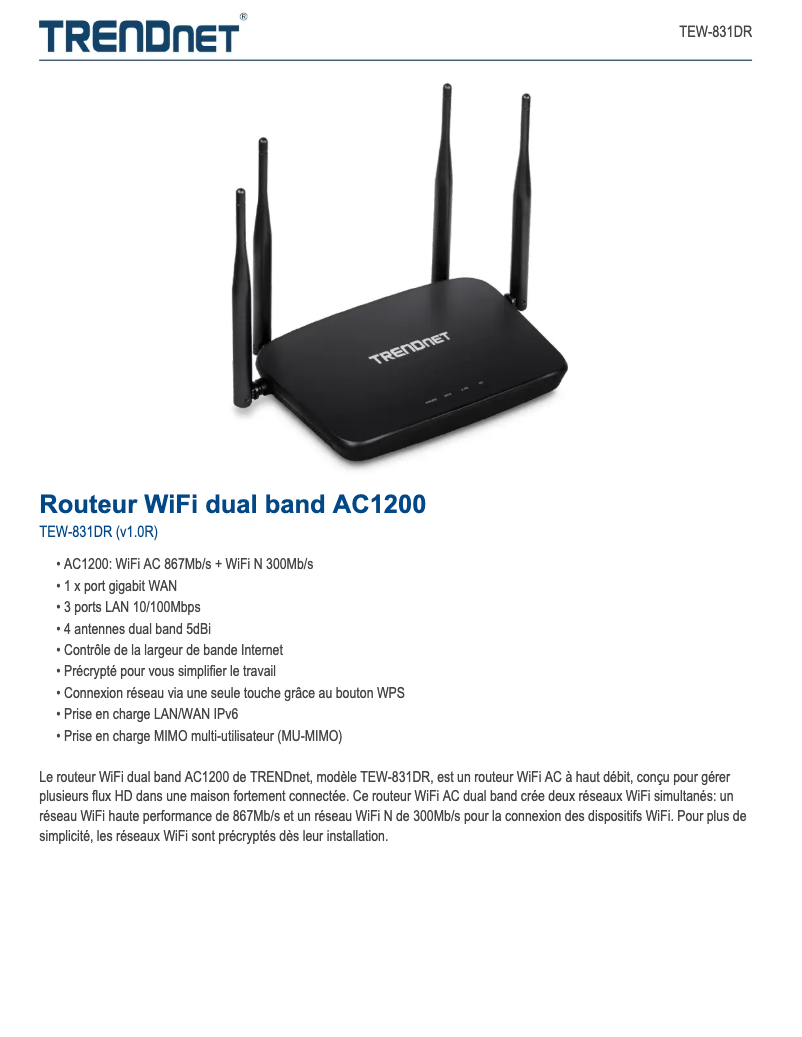 Page n°1 - Fiche technique TRENDnet TEW-831DR