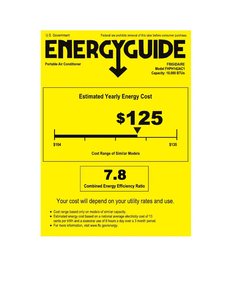 Page 1 de la notice Label énergétique Frigidaire FHPH142AC1