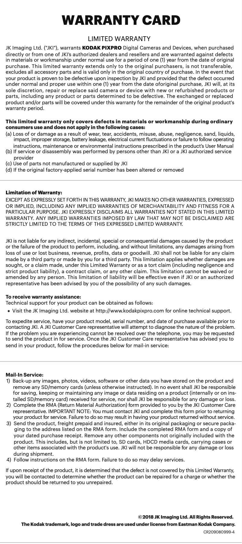 Page n°1 - Informations de garantie Kodak PixPro WPZ2