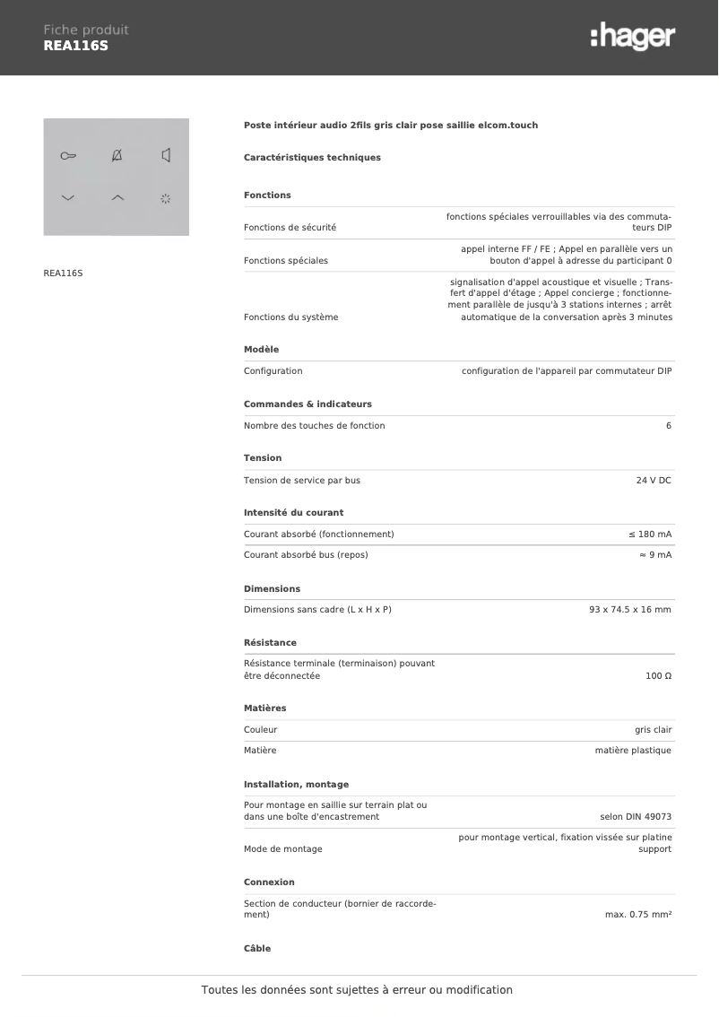 Page 1 de la notice Fiche technique Elcom REA116S