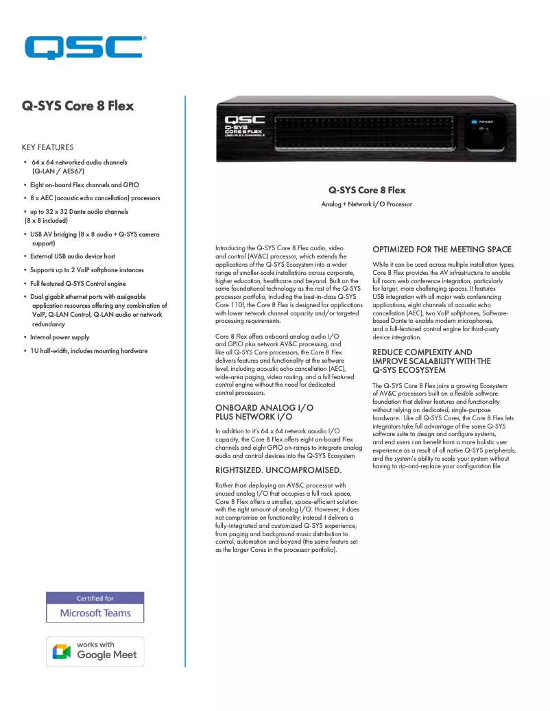 Page 1 de la notice Fiche technique QSC Core 8 Flex
