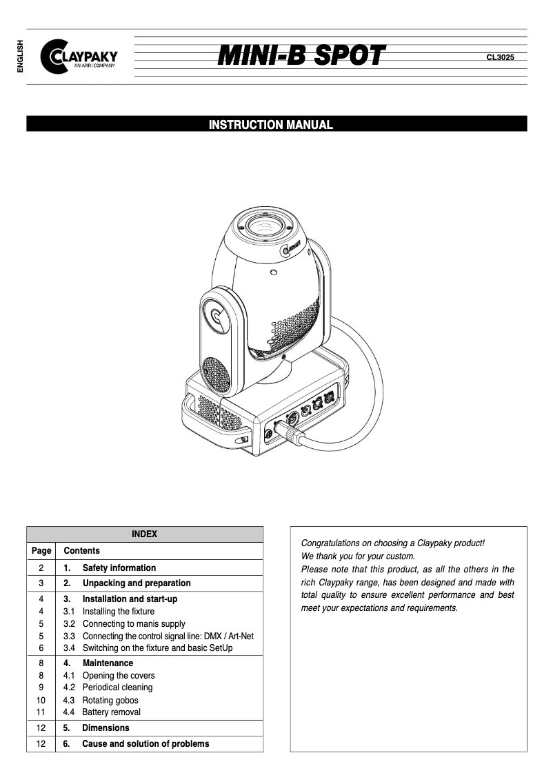 Page n°1 - Manuel utilisateur Claypaky Mini-B Spot