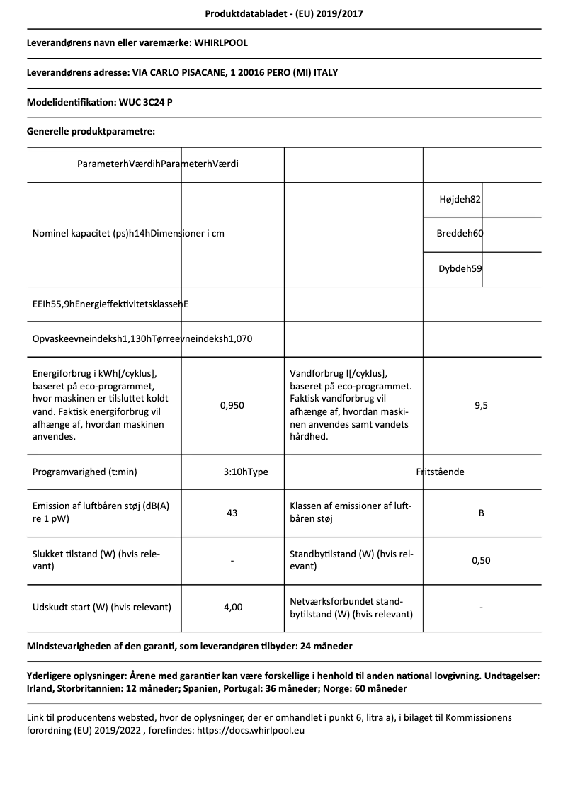Page n°1 - Fiche technique Whirlpool WUC 3C24 P