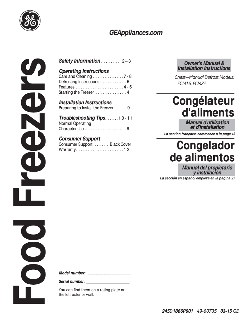 Page n°1 - Manuel d'utilisation et d'entretien GE FCM22DHWW