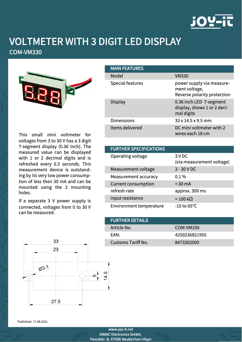 Página 1 del manual Ficha técnica Joy-It COM-VM330