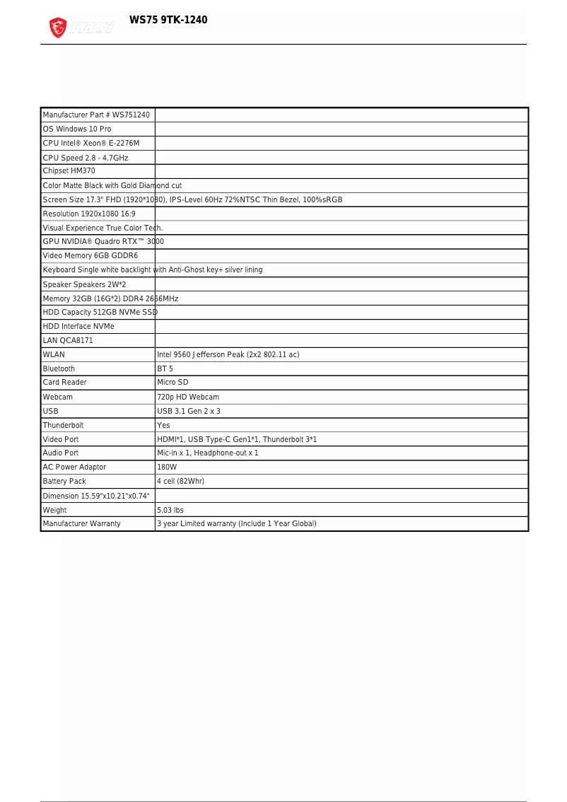 Page 1 de la notice Fiche technique MSI Workstation WS75