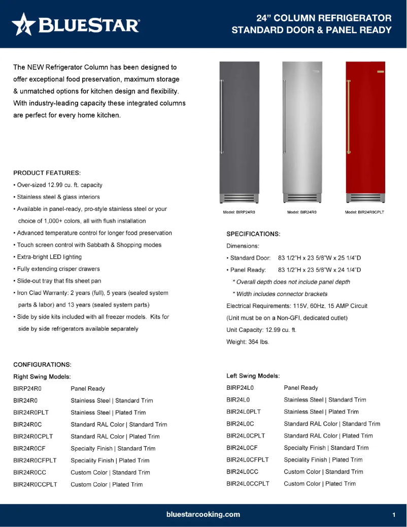 Page 1 de la notice Fiche technique BlueStar BIR24R0