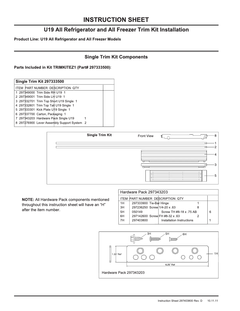 Page 1 de la notice Guide d'installation Frigidaire TRIMKITEZ1