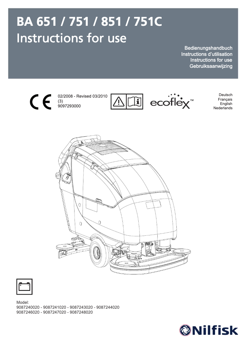 Page 1 de la notice Manuel utilisateur Nilfisk BA651