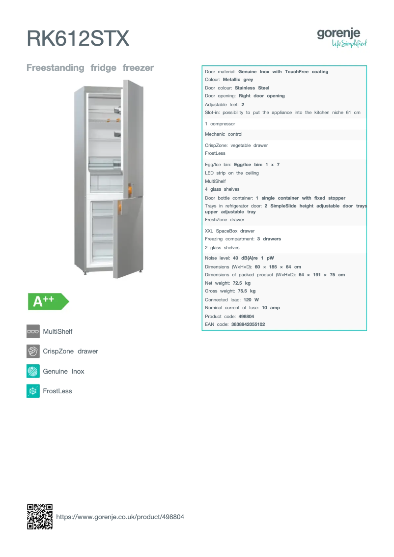 Page 1 de la notice Fiche technique Gorenje RK612STX