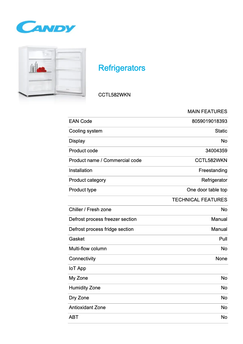 Page 1 de la notice Fiche technique Candy CCTL582WKN