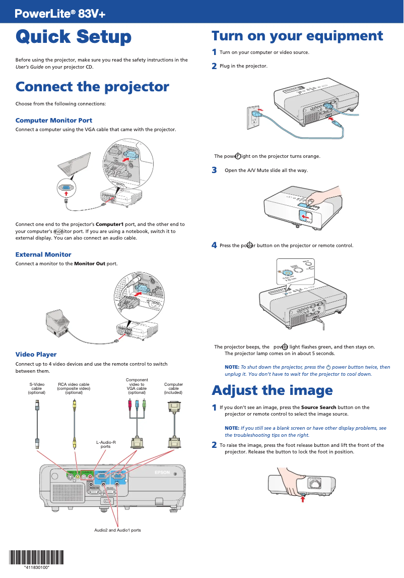 Page 1 de la notice Manuel utilisateur Epson PowerLite 83V+