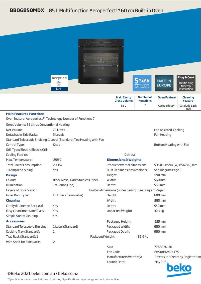 Page 1 de la notice Fiche technique Beko BBO6850MDX