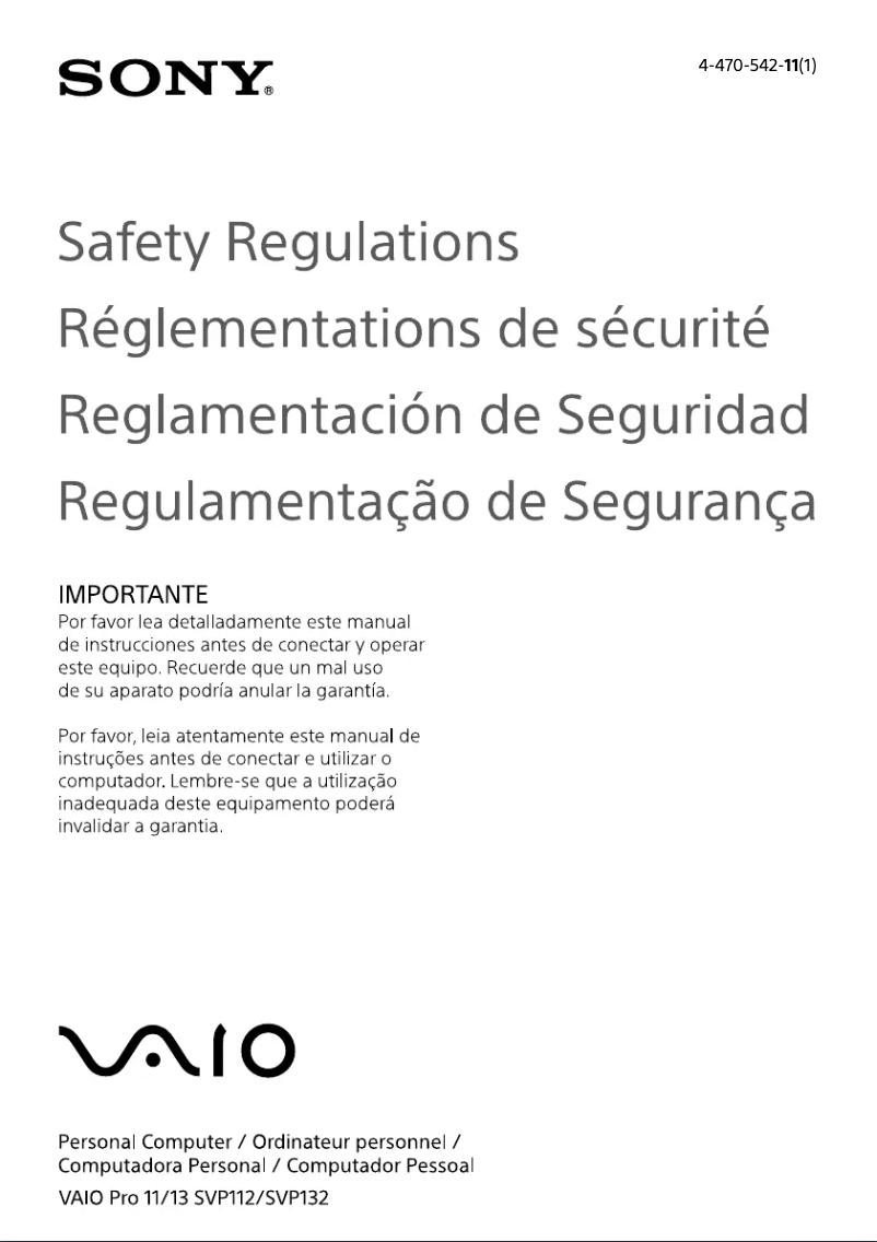 Page n°1 - Instructions de sécurité Sony Vaio SVP112190X