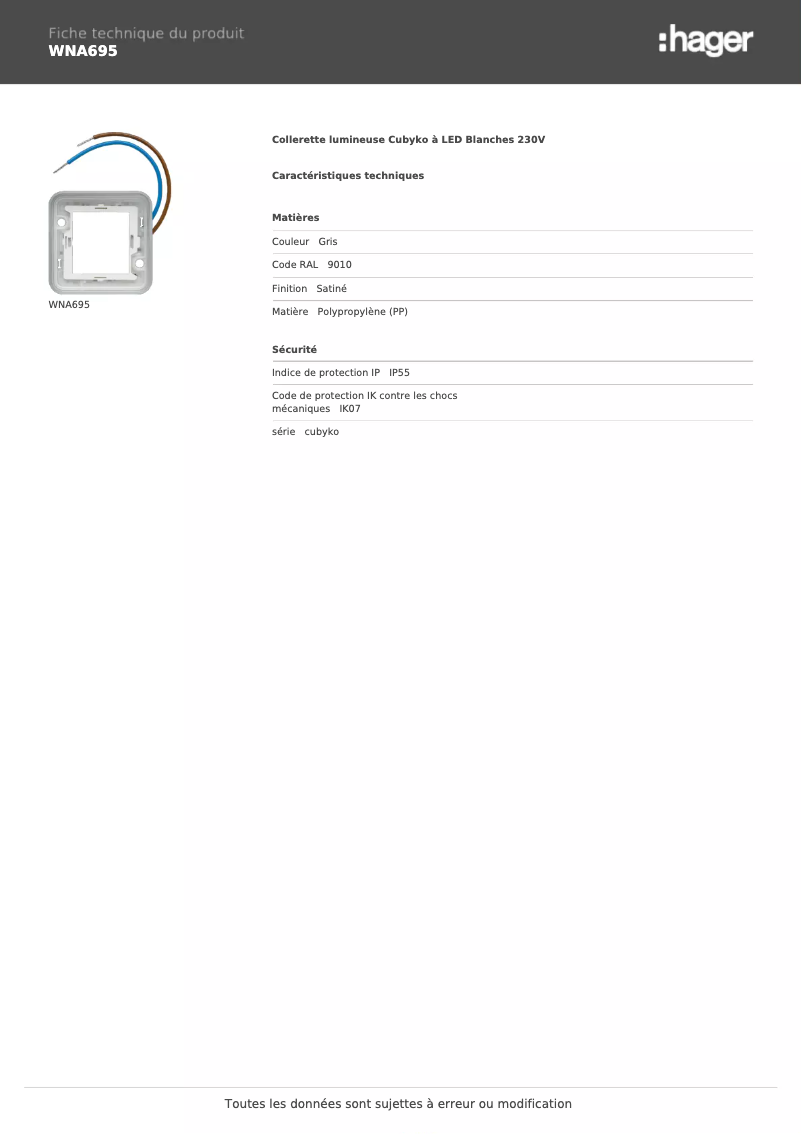 Page n°1 - Fiche technique Hager WNA695