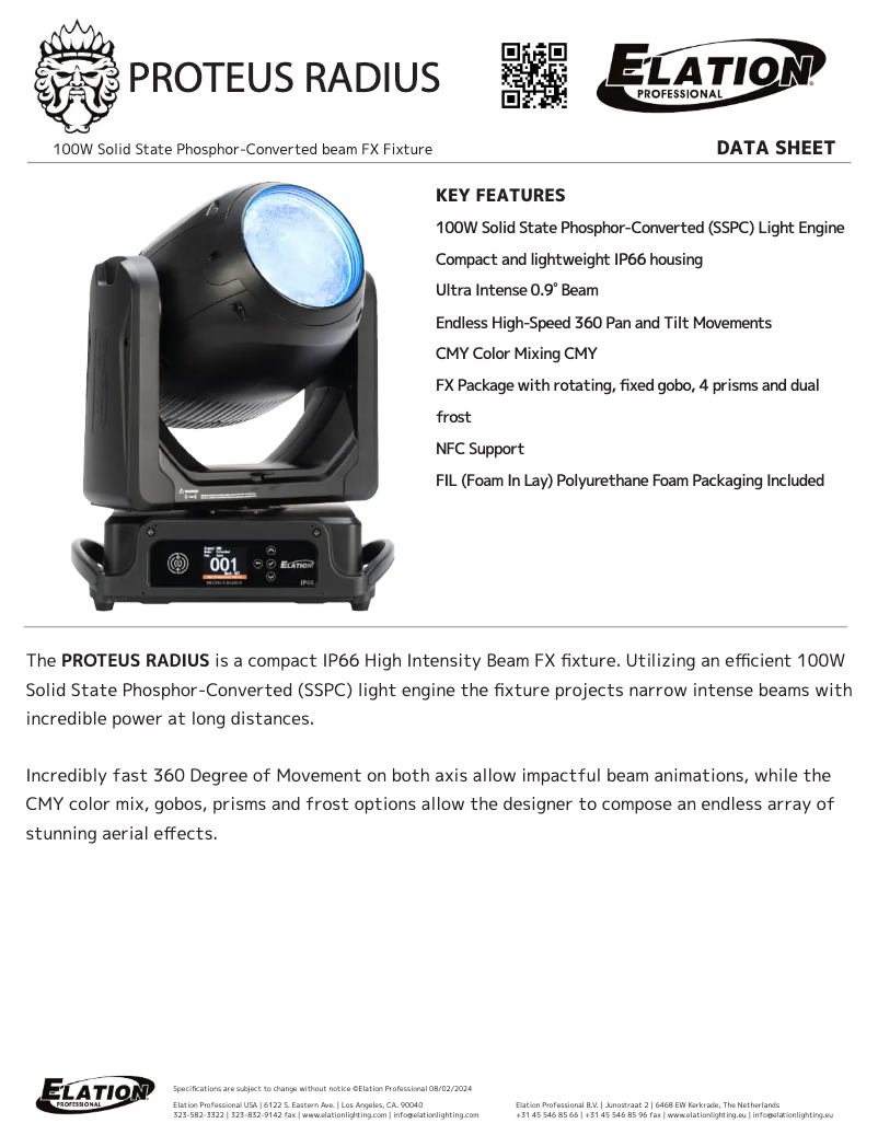 Page 1 de la notice Fiche technique Elation PROTEUS RADIUS