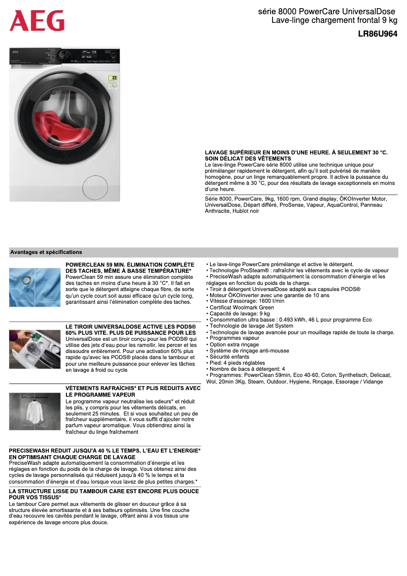 Page 1 de la notice Fiche technique AEG LR86U964
