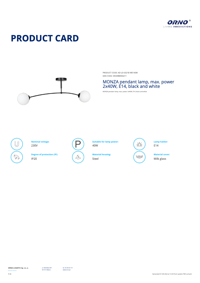 Page n°1 - Fiche technique Adviti AD-LD-6321B-WE14SM